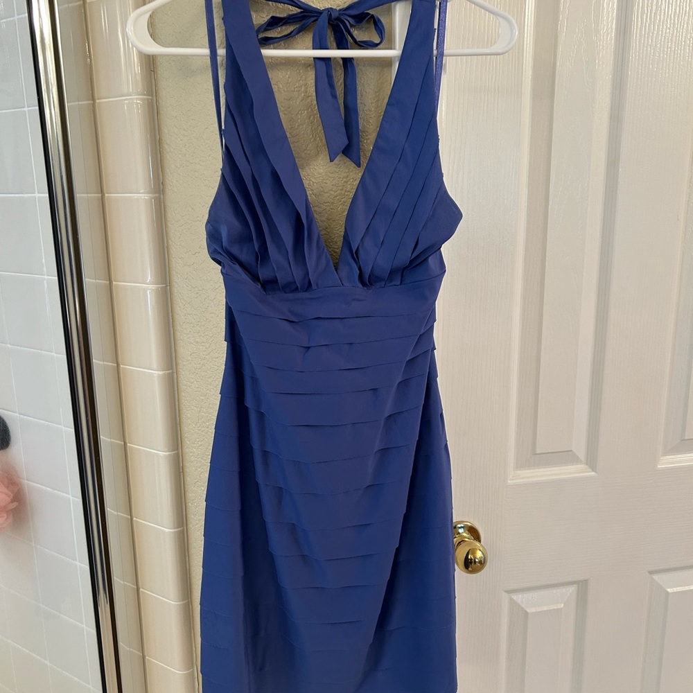 BCBGMaxAzria Blue Bodycon Dress with Ruched Tie Front and Plunge Neckline